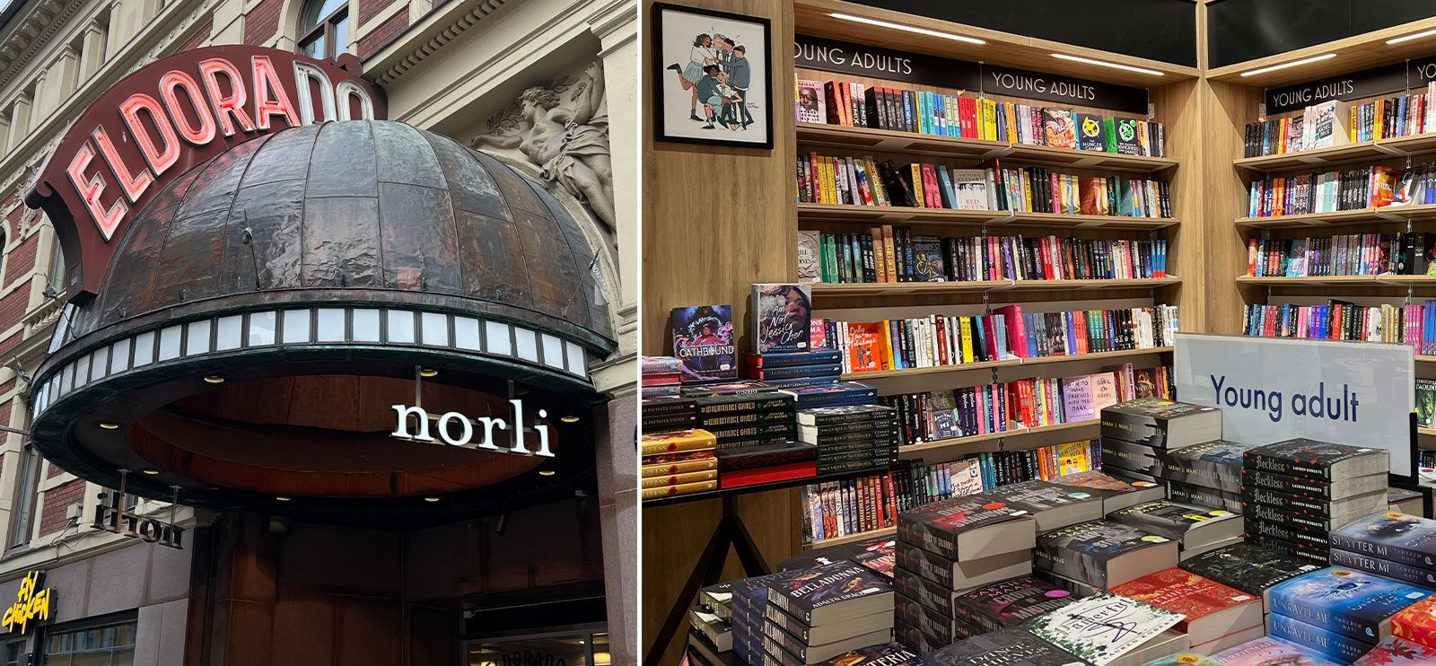 Two part picture: Entrance to Norli Eldorado and shelfs with english popular fiction for young adult