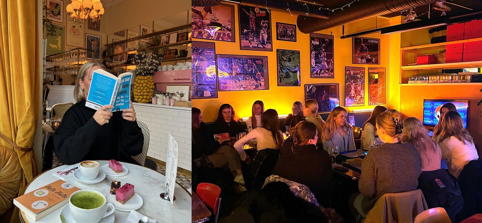 Todelt bilde. 1. Kvinne sitter på kafé og leser en blå bok som dekker ansiktet. 2. en stor gjeng med unge folk på bokklubbmøte.