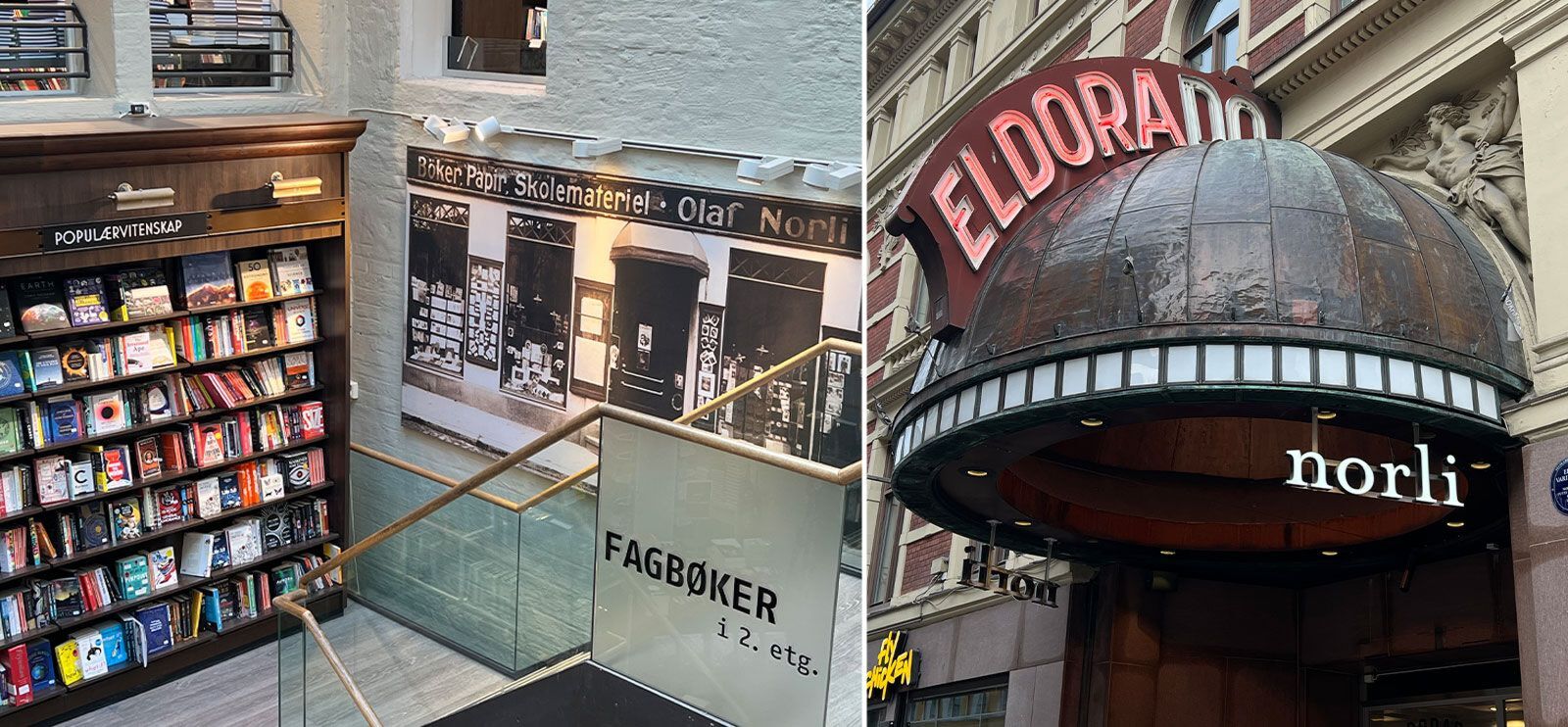 Todelt bilde: Norli Universitetsgata og Norli Eldorado