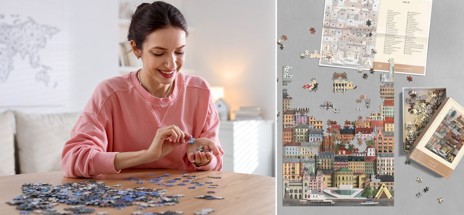 Dame med rosa genser som pusler puslespill.