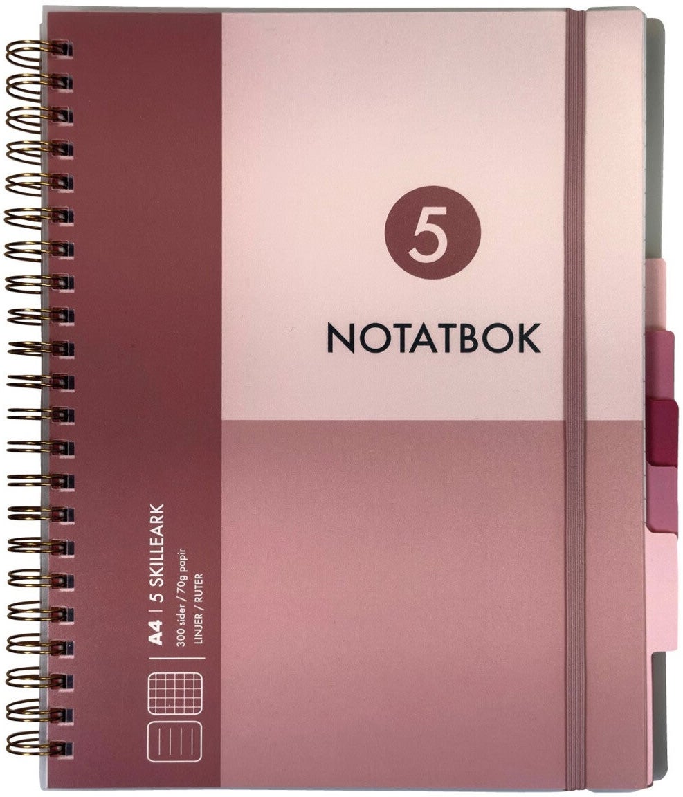 Notatbok med 5 skilleark Norli A4 rosa 300 sider