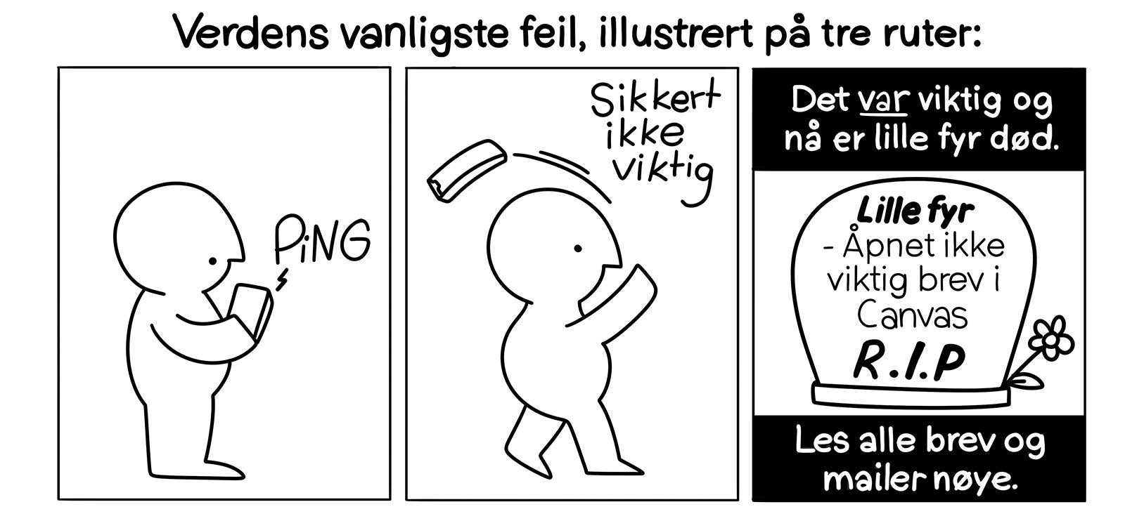 Alene hjemmefra Verdens vanligste feil: student ignorerer notifikasjon fra Canvas. Student dør fordi de ikke får det med seg. Les alle brev og mailer nøye.