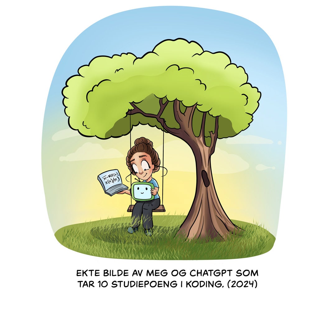 Alene hjemmefra Illustrasjon av L-innsiktvpå en huske under et tre. Hun sitter med en laptop på fanget og bruker CHATGPT når hun tar 10 studiepoeng i koding.