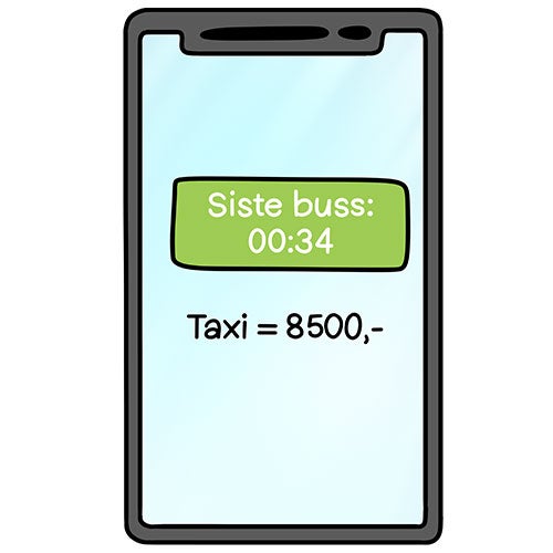 Alene hjemmefra Illustrasjon av en telefonskjerm med teksten "siste buss 00.34" og "taxi=8500"