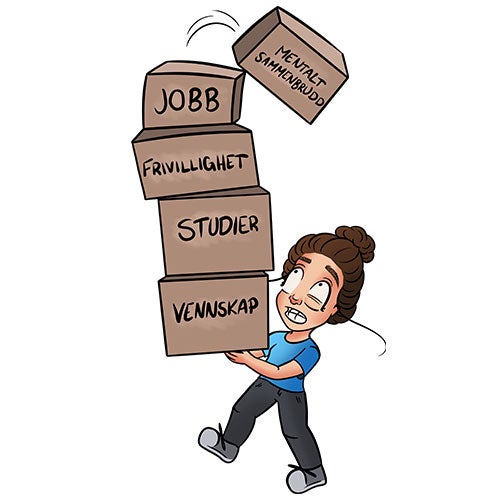 Alene hjemmefra Tegneseriefiguren L-innsikt bærer på pappesker som er skrevet på: vennskap, studier, frivillighet, jobb, mentalt sammenbrudd.