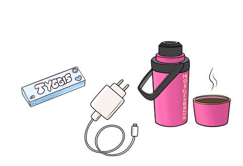 Alene hjemmefra L-innsikt illustrasjon: tyggis, lader og termos med kaffe.