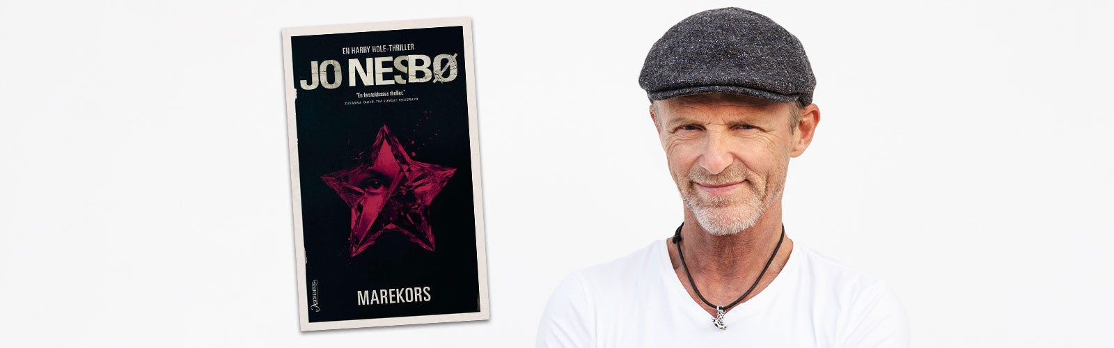 Marekors Jo Nesbø i hvit t-skjorte og hatt. Omslag på krimboken Marekors