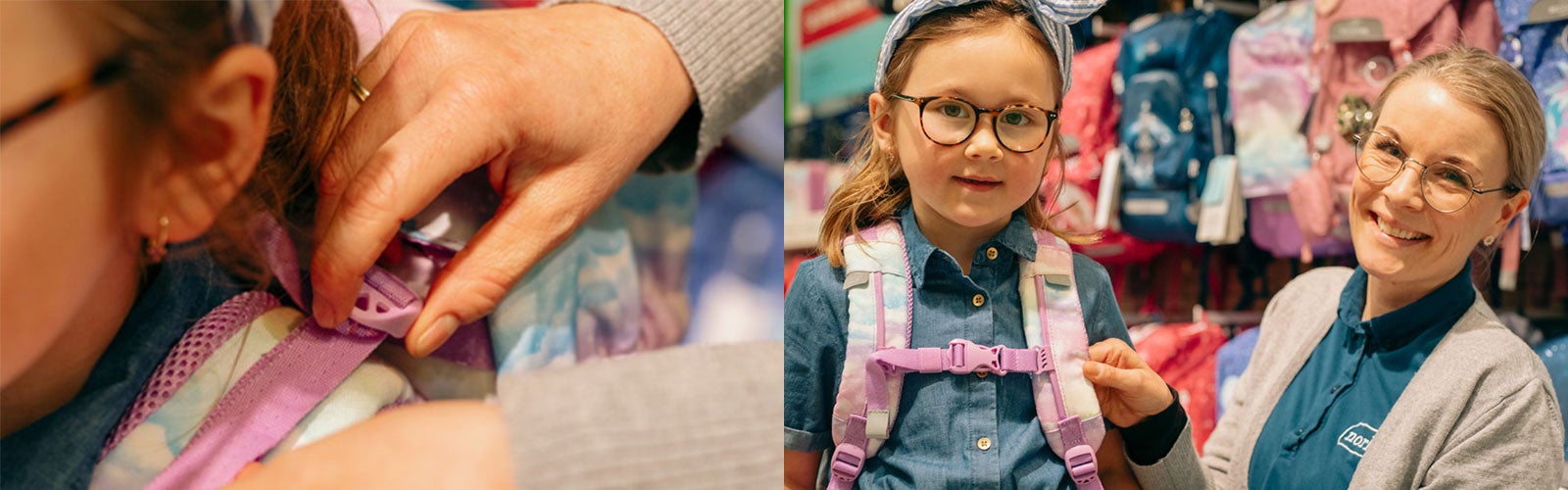 Juster sekken riktig Norli-ansatt hjelper å justere skolesekk fra Beckmann